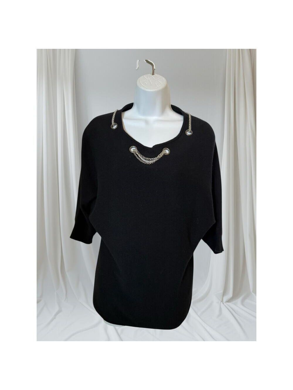 Neiman Marcus 100% Cashmere Black Sweater with Chain Detail Neckline